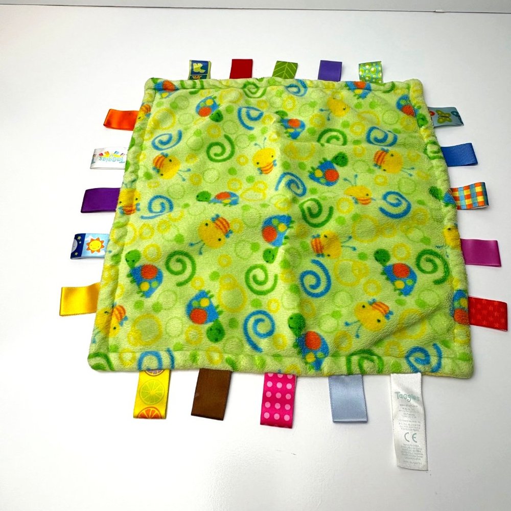 Baby Sensory Taggies Blanket Green Yellow Colorful Ribbons 14”x14” Plush Sensory